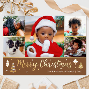 Gouden Kerstboom Custom Photo Brown Luxe Folie Feestdagenkaart