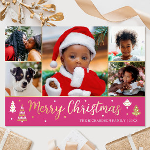 Gouden Kerstboom Custom Photo Pink Luxury Folie Feestdagenkaart