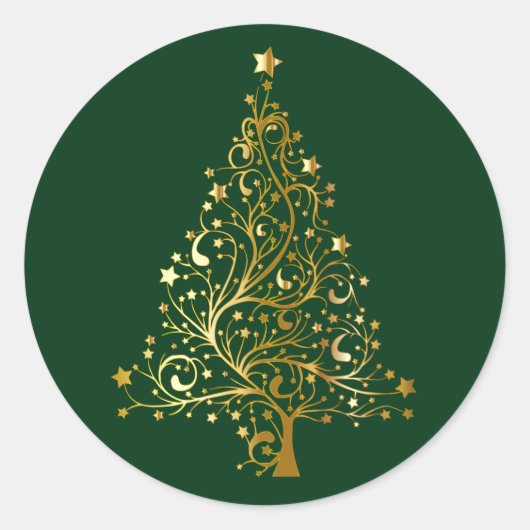 Gouden kerstboom op zwart ronde sticker (Voorkant)