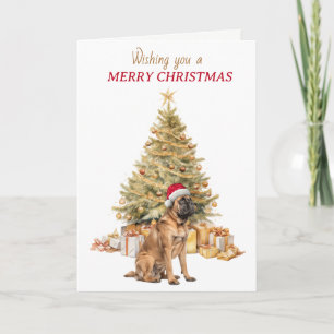 Gouden Kerstboom Santa Hoed Mastiff Hond Kerstkaar Feestdagen Kaart