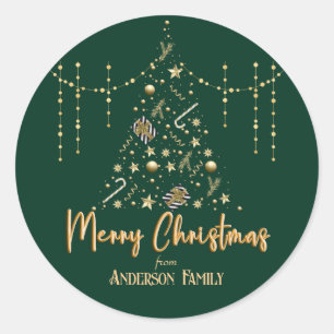 Gouden Kerstboom Smaragd Groen Vrolijk Kerstfeest Ronde Sticker