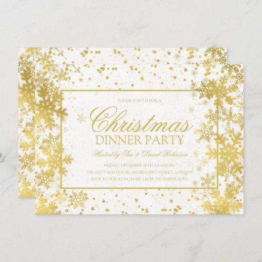 Gouden Kerstdiner Feest Winter Sneeuwvlokken Kaart (Voorkant / Achterkant)