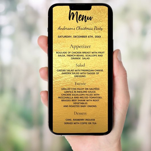 Gouden kerstdinermenu kaart