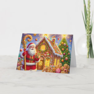 Gouden kersthuis van gemberkoek met Kerstman Feestdagen Kaart