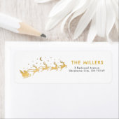 Gouden Kerstman die in een slee met rendieren vlie Etiket (Insitu)