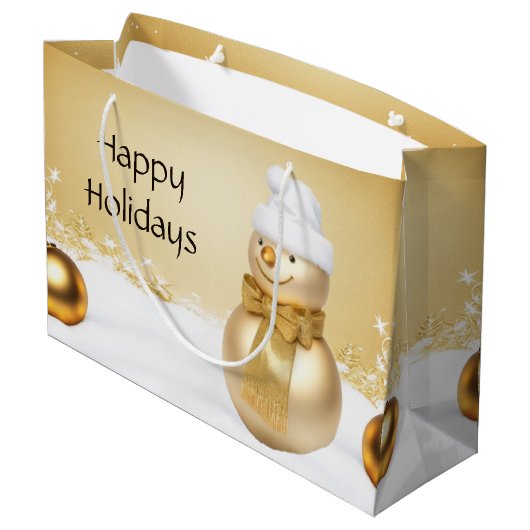 Gouden Kerstmis Sneeuwman Holiday Gift Bag Groot Cadeauzakje (Achterkant Gekanteld)