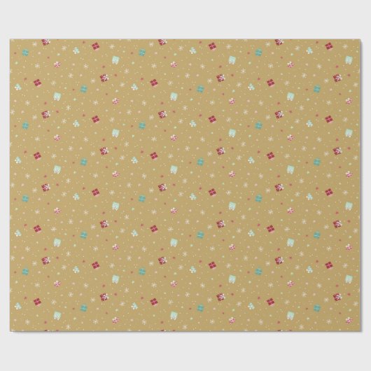 Gouden kerststerren, cadeaus, sneeuwvlokken cadeaupapier (Vlak)