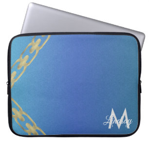 Gouden Ketting Glitter Blauwe Laptop Hoes met Mono