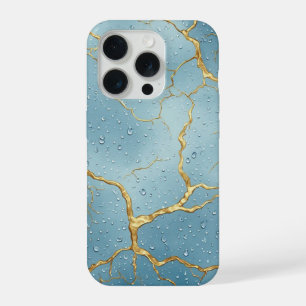 Gouden Kintsugi-barsten op blauwe waterdruppels iPhone 15 Pro Hoesje