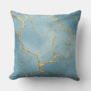 Gouden Kintsugi-scheuren op blauwe waterdruppels Kussen