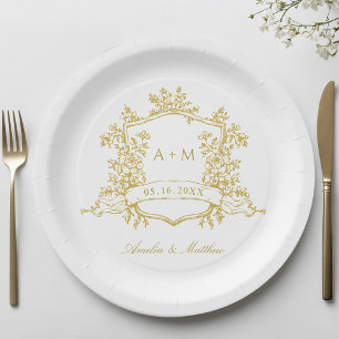 Gouden Klassieke Bloem Crest Monogram Huwelijk Papieren Bordje