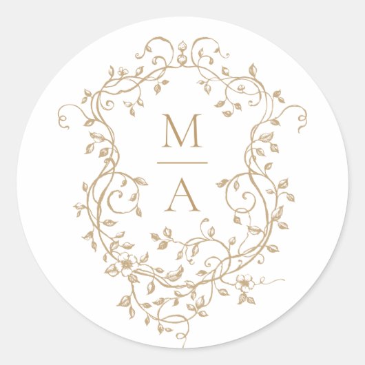 Gouden Klassieke Bloemenkroon Monogrammen Ronde Sticker (Voorkant)
