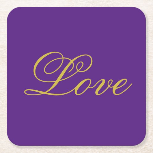 Gouden Kleur Script Liefde Paarse Bruiloft Kalligr Vierkante Kartonnen Onderzetter (Voorkant)