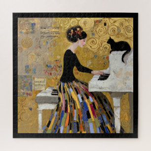 Gouden Klimt Piano Dame met Zwarte Kat Legpuzzel