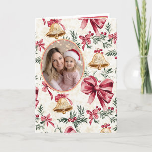 Gouden klokken Roze Bogen Foto Kerst Kaart