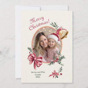 Gouden klokken Roze strikken Foto Kerstmis Feestdagenkaart