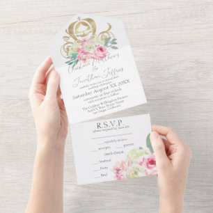 Gouden Koets en Roze Bloemen Sprookjes Bruiloft All In One Uitnodiging