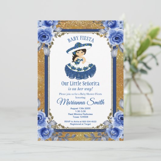 Gouden Koninklijk Blauwe Rozen Mexicaans Feest Bab Kaart (Staand voorkant)