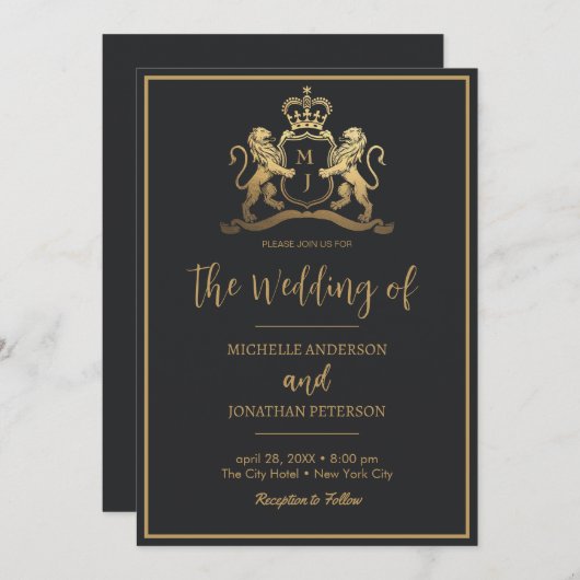 Gouden Koninklijke Kroon Embleem Leeuwen Monogram Save The Date (Voorkant / Achterkant)