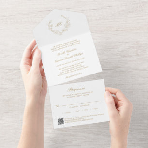 Gouden Krans Monogram QR Code Elegant Huwelijk All In One Uitnodiging