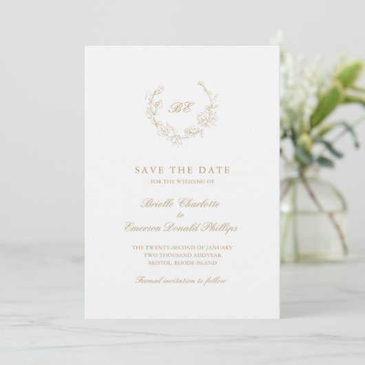 Gouden krans monogram QR-code elegante bruiloft Save The Date (Staand voorkant)