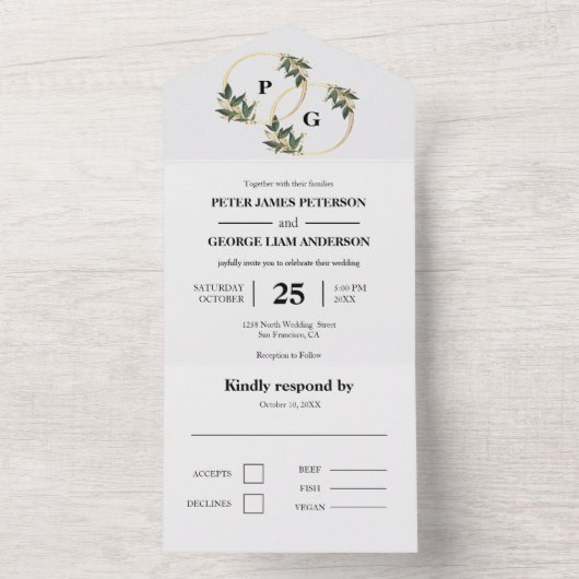 Gouden kransbladeren allemaal in één trouwuitnodig all in one uitnodiging (Binnen)