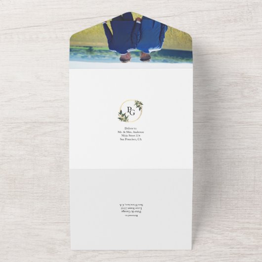 Gouden kransbladeren alles in één trouwuitnodiging all in one uitnodiging (Buitenkant)