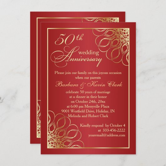 Gouden kronkels op rode 50e huwelijksjubileum foto kaart (Voorkant / Achterkant)
