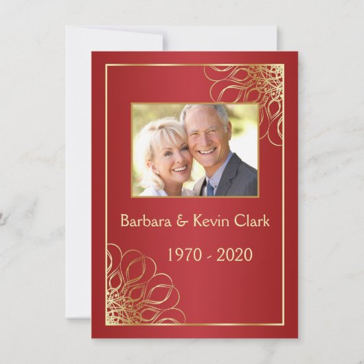 Gouden kronkels op rode 50e huwelijksjubileum foto kaart (Achterkant)
