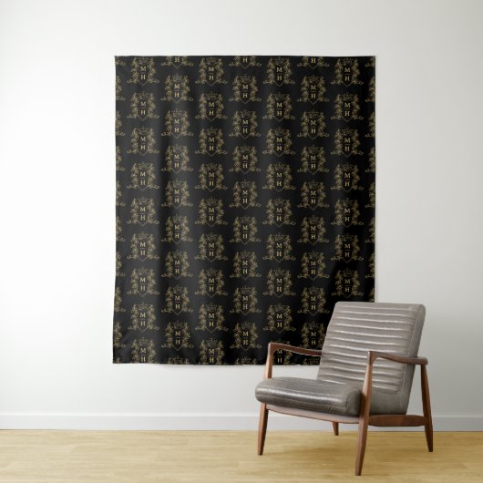 Gouden kroon aangepaste monogram bruiloft achtergr wandkleed (In situ)