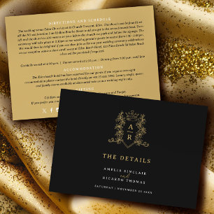 Gouden kroon monogram bruiloft details zwart informatiekaartje