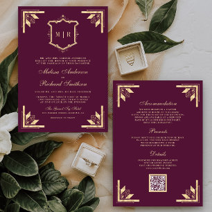 Gouden Kroon Monogram QR Code Pruim Paars Huwelijk Kaart