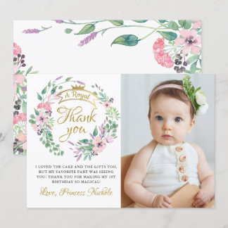 Gouden Kroon Prinses Floral Meisje Verjaardag Foto Bedankkaart