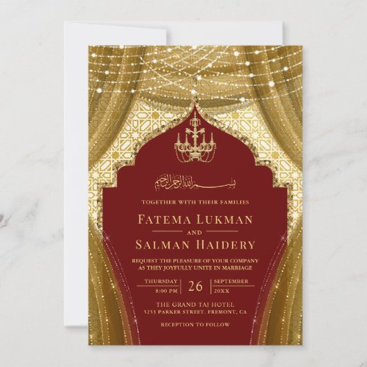 Gouden kroonluchter gordijn rode moslim bruiloft kaart (Voorkant)