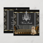 Gouden Kroonluchter Zwarte Damast Nieuw Adres Aankondiging (Voorkant / Achterkant)