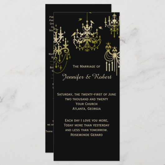 Gouden kroonluchters op zwart posh bruiloft progra programma (Voorkant / Achterkant)