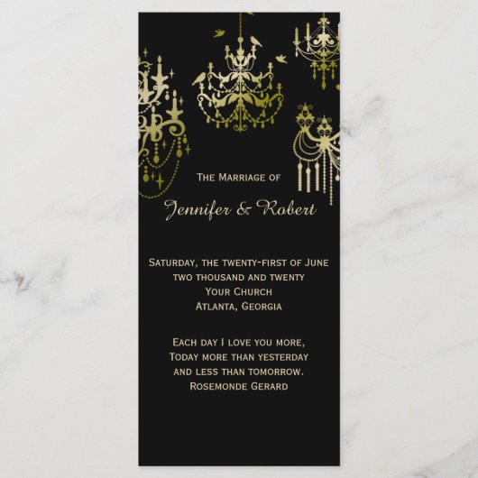 Gouden kroonluchters op zwart posh bruiloft progra programma (Voorkant)