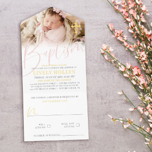 Gouden Kruis Bleek Roze Script Foto Doop Folie All In One Uitnodiging
