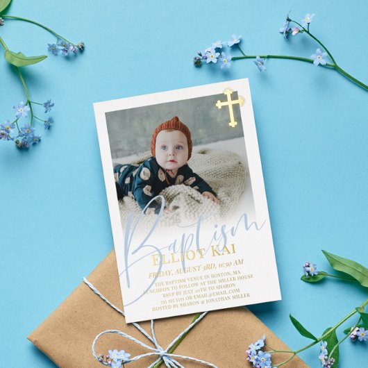Gouden Kruis Bleekblauw Schrift Foto Doop Folie Uitnodiging