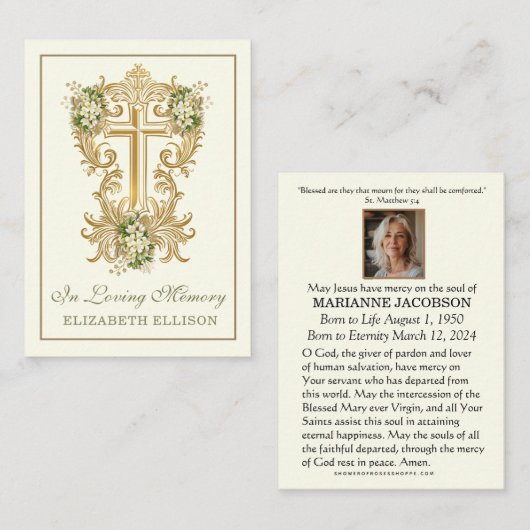 Gouden Kruis Bloemen Begrafenis Gebed Kaarten Plaatskaartje (Voorkant / Achterkant)