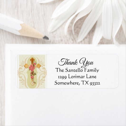 Gouden kruis bloemen dank u etiket (Insitu)