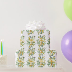 Gouden Kruis Bloemige Aquarel Doop Eerste Communie Cadeaupapier