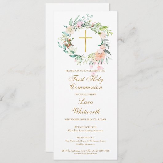 Gouden Kruis Bloemige Eerste Heilige Communie Uitn Kaart (Voorkant / Achterkant)
