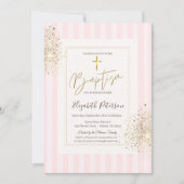 Gouden Kruis Diamant Stof Roze Gestreepte Doop Kaart (Voorkant)