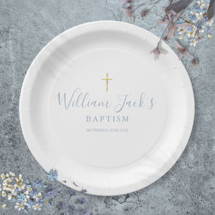 Gouden kruis Doop Christening Stofblauw Papieren Bordje