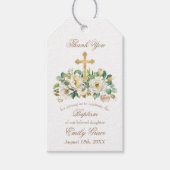 Gouden Kruis en Bloemen Witte Doop Cadeaulabel (Voorkant)