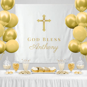 Gouden kruis God zegene doopfeest achtergrond Wandkleed