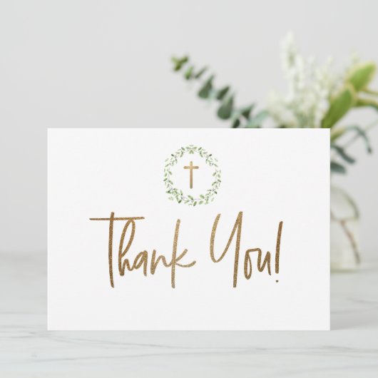 Gouden Kruis Groene Waterverf krans Eerste communi Bedankkaart (Staand voorkant)