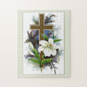 Gouden kruis met witte bloem legpuzzel