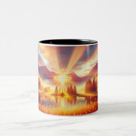 Gouden kruis onder een glorieuze zonsopgang tweekleurige koffiemok